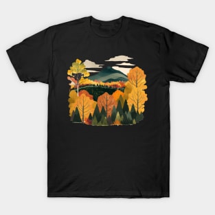 New England Autumn Leaves Landscape Illustration T-Shirt